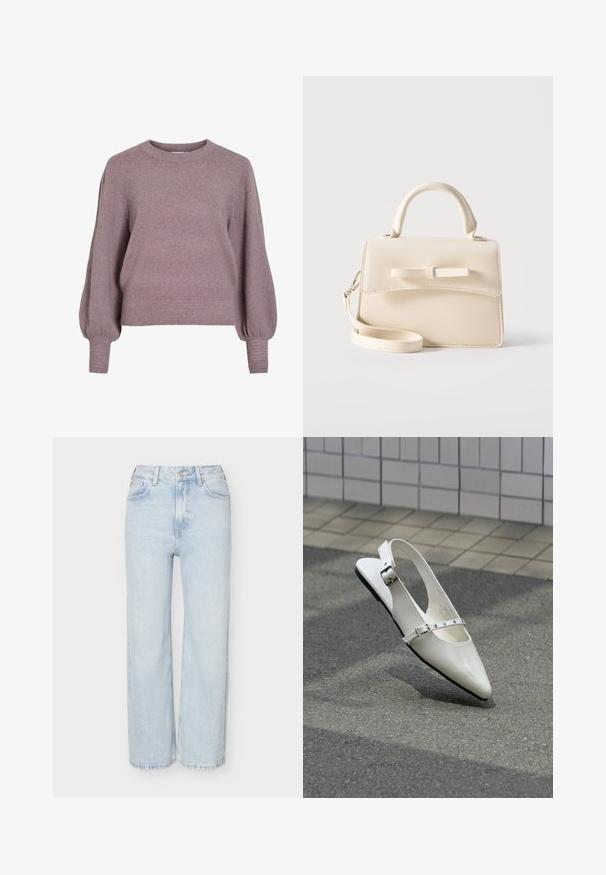 Gebreide pullover trui in zacht paars, met een ronde hals, lange ballonmouwen en een geribbelde zoom en manchetten voor een textuurafwerking.; Lichtblauwe jeans met hoge taille en rechte pijpen, voorzien van een voorste knoop en ritssluiting, met voor- en achterzakken, afgebeeld tegen een effen achtergrond.; Witte puntige slingback platte schoen met twee zilveren gespen, getoond buiten op een getextureerde ondergrond en betegelde muur als achtergrond.; Kleine beige handtas met bovenhandvat, afneembare riem, voorflap en decoratieve horizontale strik op een effen achtergrond.