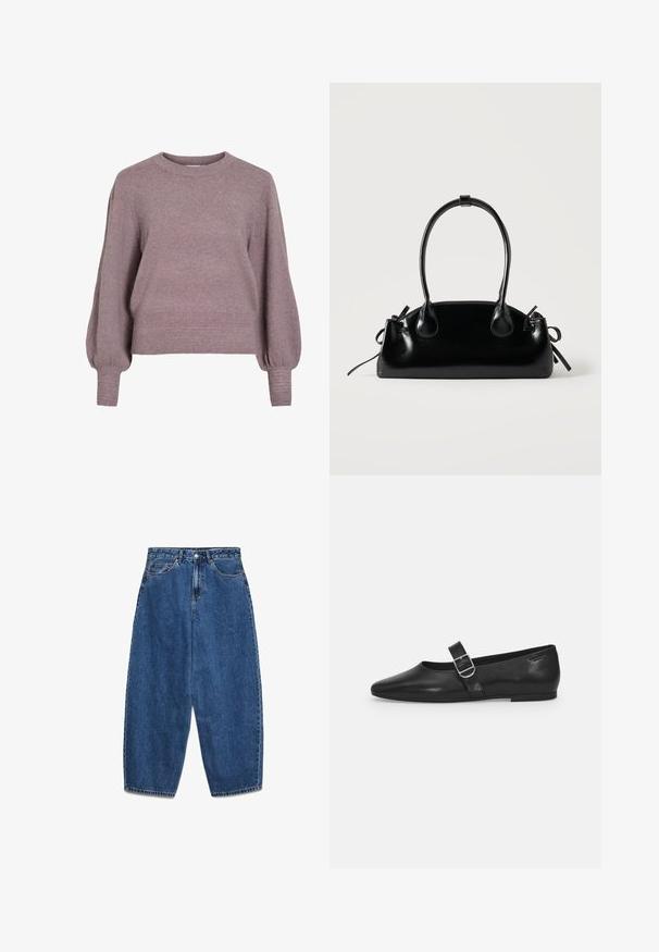 Gebreide pullover trui in zacht paars, met een ronde hals, lange ballonmouwen en een geribbelde zoom en manchetten voor een textuurafwerking.; Blauwe denim jeans met een hoge taille, een ontspannen pasvorm en rechte pijpen. Klassiek ontwerp met vijf zakken en een ritssluiting met knoop.; Zwarte leren platte schoen met een ronde neus, een enkele verstelbare gespsluiting en een gladde, glanzende textuur. Minimalistisch ontwerp met een lage hak.; Kleine zwarte glanzende handtas met twee lange hengsels en zijkant trekkoord details op een effen lichte achtergrond.