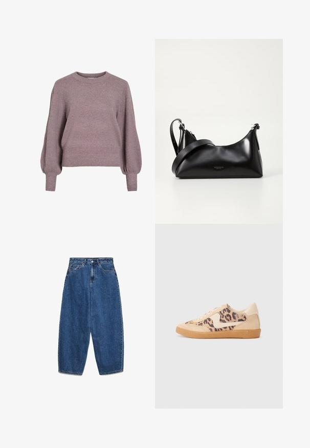 Pull en tricot dans un doux violet, avec un col rond, de longues manches ballons et un ourlet et des poignets côtelés pour une finition texturée.; Jean en denim bleu avec taille haute, coupe décontractée et jambes droites. Design classique à cinq poches avec fermeture éclair et bouton.; Baskets en imprimé léopard avec tige en suède beige, semelle en caoutchouc tan et accents blancs. Bout rond et design à lacets avec une finition texturée.; Sac à main en cuir noir avec une texture lisse. Dispose d'une bandoulière adjustable et d'un design élégant et minimaliste avec une fermeture éclair.