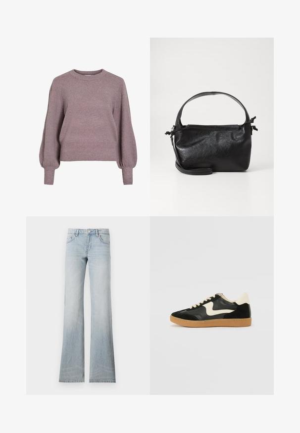Strikket pullover i blød lilla med rund hals, lange ballonærmer og ribkant i nederkant og ved ærmerne for en struktureret finish.; Lyseblå denim flared jeans med en slidt finish, fem lommer og knaplukning. Stoffet har en glat tekstur og let stræk.; Sorte ruskinds- og lædersneakers med en cremefarvet side-swoosh og lys cremefarvet hæl. Har beige snørebånd og en gummirubber-sål.; Sort læderhåndtaske med et struktureret design, rund tophåndtag og aftagelig skulderrem. Den har en glat tekstur og en subtil glans.