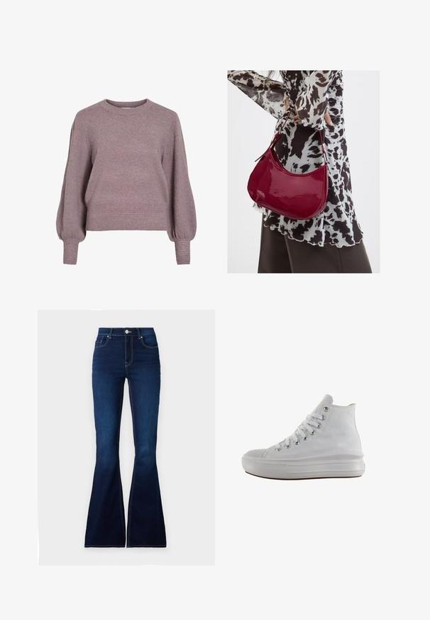 Gebreide pullover trui in zacht paars, met een ronde hals, lange ballonmouwen en een geribbelde zoom en manchetten voor een textuurafwerking.; Donkerblauwe flared jeans met een hoge taille, gemaakt van denim. Heeft contrasterende stiksels en een sluiting met een frontknop. Soepele textuur.; Witte hoge canvas sneaker met witte veters, metalen oogjes, dikke rubberen zool en gestructureerde neuskap, naar links gericht op een witte achtergrond.; Vrouw met een zwart-wit gebloemde blouse houdt een glanzende rode schoudertas vast tegen een effen achtergrond.