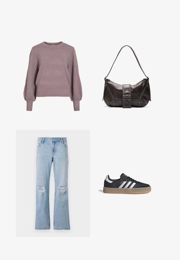 Suéter de punto en suave color púrpura, con cuello redondo, mangas largas tipo globo y un dobladillo y puños acanalados para un acabado texturizado.; Jeans de denim azul claro con un diseño de pierna recta, que cuentan con dos desgastes en las rodillas, un cierre de botón metálico y cinco bolsillos.; Zapatilla deportiva de cuero negro con tres rayas plateadas, punta texturizada y suela de goma. Cuenta con un collar acolchado y un diseño con cordones.; Bolso de hombro de cuero marrón con forma curva, que presenta un prominente detalle de hebilla, costuras en contraste y una sola correa para el hombro.