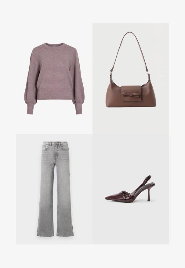 Suéter de punto en suave color púrpura, con cuello redondo, mangas largas tipo globo y un dobladillo y puños acanalados para un acabado texturizado.; Jeans de mezclilla gris de campana con una cintura alta, bolsillos delanteros, trabillas para el cinturón y un sutil diseño descolorido, presentados sobre un fondo blanco.; Zapato de tacón slingback de charol burdeos con puntera puntiaguda, fina correa en el tobillo y pequeño detalle decorativo de hebilla. Textura suave y tacón alto.; Bolso bandolera de cuero marrón con un bolsillo frontal de solapa que presenta un detalle de moño cosido y una correa ajustable.
