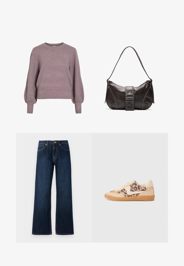Gebreide pullover trui in zacht paars, met een ronde hals, lange ballonmouwen en een geribbelde zoom en manchetten voor een textuurafwerking.; Wijdvallende donkerblauwe spijkerbroek van denim, met een rits, knoopsluiting en twee voorzakken met contrasterende stiksels.; Luipaardprint sneakers met een beige suède bovenkant, tan rubberen zool en witte accenten. Ronde neus en vetersluiting met een gestructureerde afwerking.; Bruine leren schoudertas met een gebogen vorm, voorzien van een opvallende gespdetail, contrasterende stiksels en een enkele schouderband.
