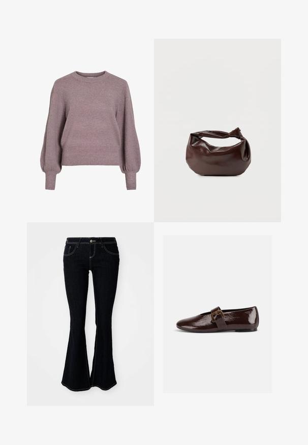 Gebreide pullover trui in zacht paars, met een ronde hals, lange ballonmouwen en een geribbelde zoom en manchetten voor een textuurafwerking.; Flared donkergewassen jeans met een hoge taille, voor- en achterzakken, en contrasterende gele stiksels op de naden.; Donkerbruine lakleren platte schoen met een grote gouden gesp en een afgeronde teen, zijaanzicht op een witte achtergrond.; Donkerbruine leren schoudertas met een zachte, slungelige vorm en een gedraaide knoopvormige handgreep op een effen witte achtergrond.