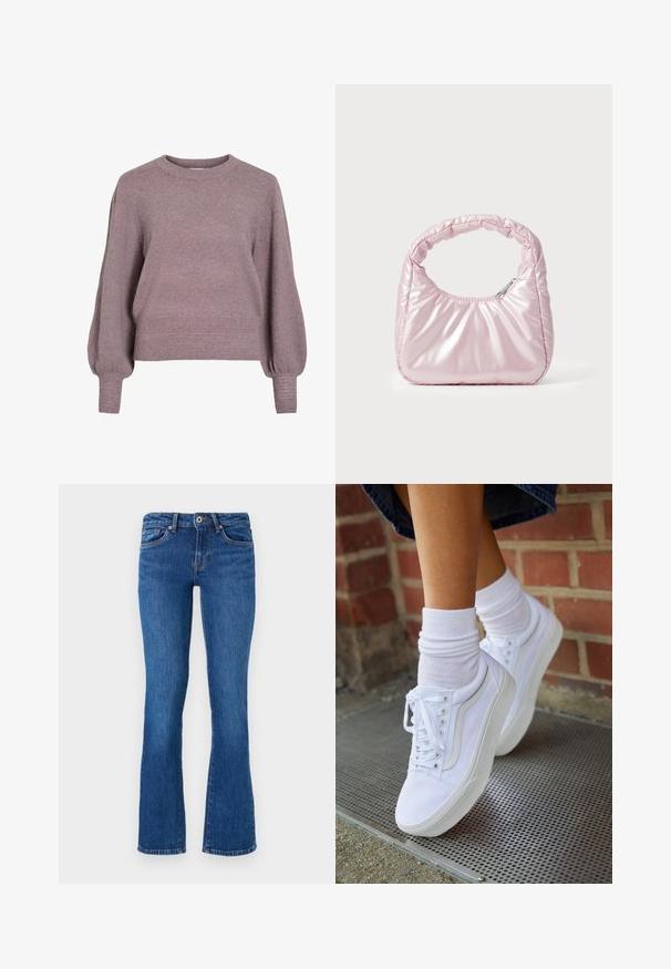 Pull en tricot dans un doux violet, avec un col rond, de longues manches ballons et un ourlet et des poignets côtelés pour une finition texturée.; Jeans en denim évasés de couleur bleu moyen avec une texture subtile. Comprend cinq poches, une fermeture éclair à l'avant et des coutures contrastantes le long des coutures.; Baskets en toile blanches avec semelles en caoutchouc, dotées de six œillets, d'un bout rond et de détails de couture légers, portées avec des chaussettes blanches mi-mollet.; Sac à main rose rembourré avec un design arrondi, fabriqué à partir d'un matériau brillant. Dispose d'une poignée froncée et d'une fermeture éclair pour un accès sécurisé.