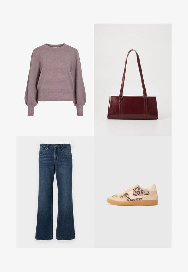 Strikket pullover i blød lilla med rund hals, lange ballonærmer og ribkant i nederkant og ved ærmerne for en struktureret finish.; Mørkeblå jeans med vide ben og klassisk design med fem lommer, der har knaplukning og diskret falming. Fremstillet af denimstof.; Leopardprint sneakers med beige ruskindsoverdel, tan gummisål og hvide detaljer. Rund pegefinger og snørebåndsdesign med en tekstureret finish.; Bordeaux håndtaske lavet af glansfuldt materiale, rektangulær form, med to skulderremme og subtile buede detaljer på forsiden.