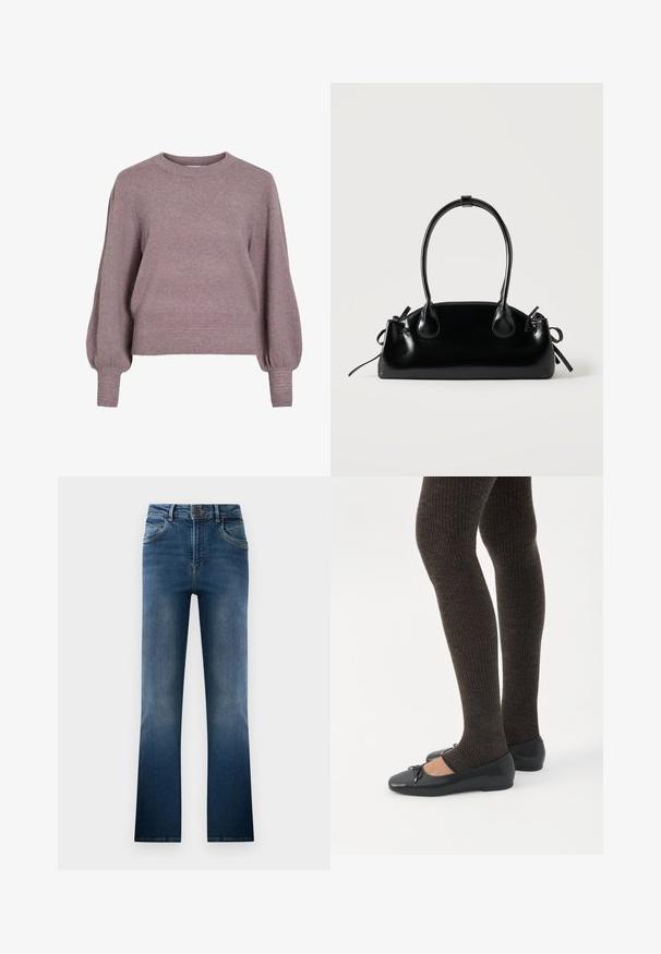 Gebreide pullover trui in zacht paars, met een ronde hals, lange ballonmouwen en een geribbelde zoom en manchetten voor een textuurafwerking.; Donkerblauwe denim flared jeans, met een vervaagde wassing, vijf zakken en riemlussen. Klassiek ontwerp met een sluiting met een knoop aan de voorkant.; Benen met donkere geribbelde leggings gecombineerd met zwarte ballerina's met kleine strikdetails op een witte achtergrond.; Kleine zwarte glanzende handtas met twee lange hengsels en zijkant trekkoord details op een effen lichte achtergrond.