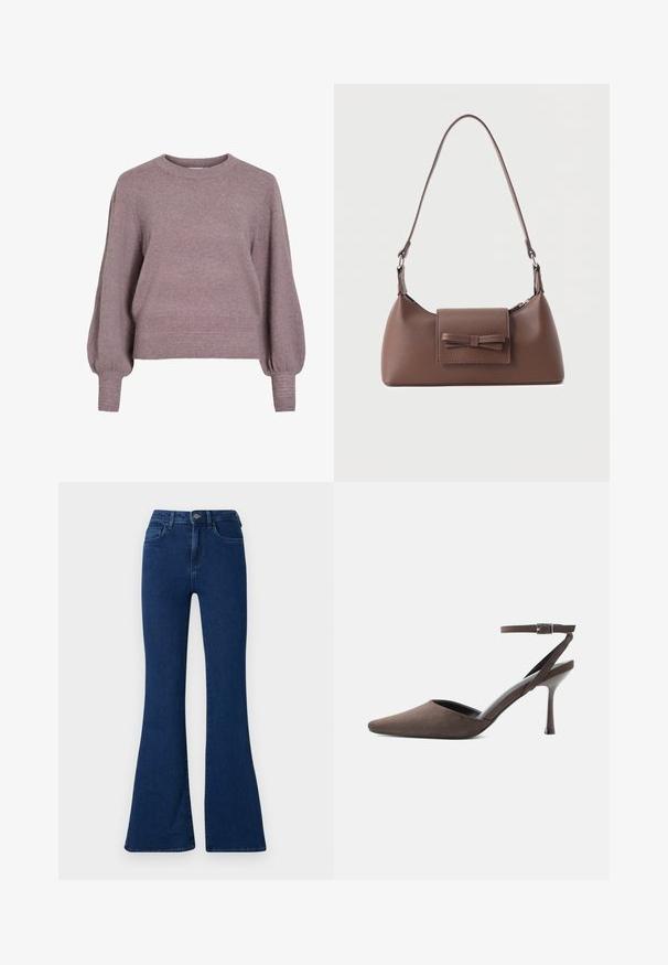 Gebreide pullover trui in zacht paars, met een ronde hals, lange ballonmouwen en een geribbelde zoom en manchetten voor een textuurafwerking.; Donkerblauwe uitlopende jeans met hoge taille, vijf zakken, een ritssluiting en een knopen sluiting. Glad denim met een consistente textuur.; Bruine suède hoge hakken met spits toelopende neus, dunne enkelriem en zilveren gesp op een witte achtergrond.; Bruine leren schoudertas met een voorvak met klep en een gestikte strikdetail en een verstelbare band.