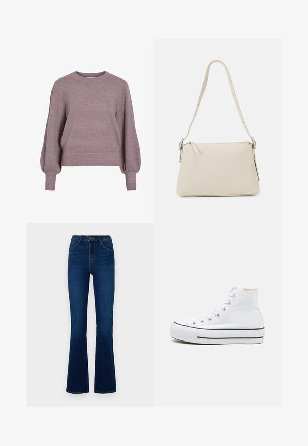 Gebreide pullover trui in zacht paars, met een ronde hals, lange ballonmouwen en een geribbelde zoom en manchetten voor een textuurafwerking.; Donkerblauwe flared jeans van denim met een hoge taille, voorzien van voorzakken, een ritssluiting en subtiele stikseldetails.; Witte hoge sneakers van canvasmateriaal, zwarte rubberen zool en contrasterende zwarte streep op de tussenzool. Circulaire neus en vetersluiting.; Beige schoudertas van glad leer met een ritsluiting. Kenmerkt zich door een eenvoudig ontwerp, een slanke schouderband en metalen hardwareaccenten.