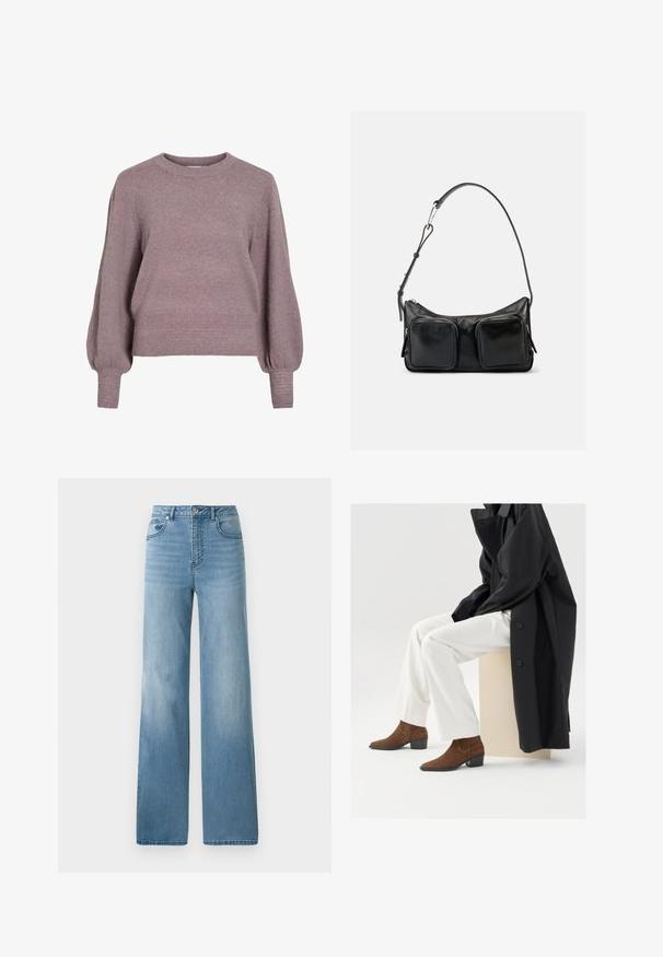 Gebreide pullover trui in zacht paars, met een ronde hals, lange ballonmouwen en een geribbelde zoom en manchetten voor een textuurafwerking.; Lichtblauwe high-waisted jeans met een rechte pasvorm. Gemaakt van denim, met vijf zakken en een knoopsluiting.; Bruine suède enkellaarzen met een spitse neus en een lage blokhak, gecombineerd met witte broek en een zwarte jas, zittend op een beige sokkel.; Zwarte leren schoudertas met verstelbare band en twee grote voorvakjes met rits op een effen lichte achtergrond.