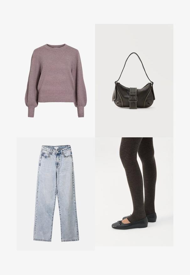 Strikket pullover i blød lilla med rund hals, lange ballonærmer og ribkant i nederkant og ved ærmerne for en struktureret finish.; Lysblå lige ben jeans lavet af denim, med to frontlommer, en knaplukning og kontraststing langs sømmene.; Ben iført mørke ribbede leggings kombineret med sorte balletsko med små sløjfedetaljer på hvid baggrund.; Sort læder skuldertaske med spænde på remmen, afrundede kanter og kontrasterende hvide syninger på en ensfarvet baggrund.