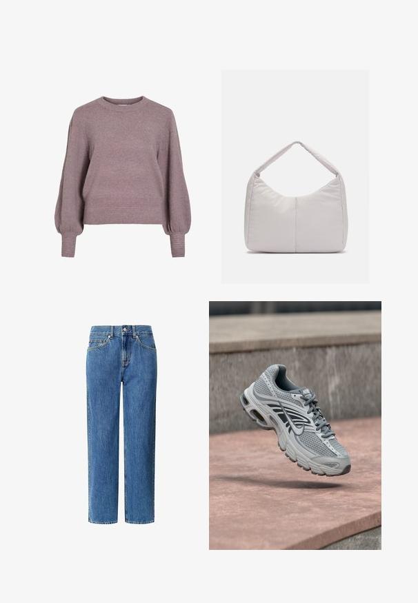 Gebreide pullover trui in zacht paars, met een ronde hals, lange ballonmouwen en een geribbelde zoom en manchetten voor een textuurafwerking.; Pepe Jeans W11 BOYFRIEND J LW - Straight leg jeans - oz blue rigid denim; Lichtgrijze en witte Nike hardloopschoen met mesh-ontwerp, zwevend boven een stenen oppervlak buiten.; Lichtgrijze gewatteerde schoudertas met een gebogen vorm, voorzien van een enkele handgreep en een glad, gestructureerd oppervlak. Eenvoudig ontwerp zonder extra hardware.