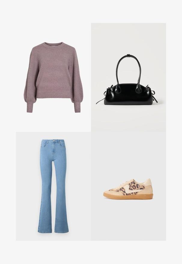 Gebreide pullover trui in zacht paars, met een ronde hals, lange ballonmouwen en een geribbelde zoom en manchetten voor een textuurafwerking.; Lichtblauwe flare jeans van denim, met een hoge taille, vijf zakken, een rits aan de voorkant en een metalen knoopsluiting.; Luipaardprint sneakers met een beige suède bovenkant, tan rubberen zool en witte accenten. Ronde neus en vetersluiting met een gestructureerde afwerking.; Kleine zwarte glanzende handtas met twee lange hengsels en zijkant trekkoord details op een effen lichte achtergrond.