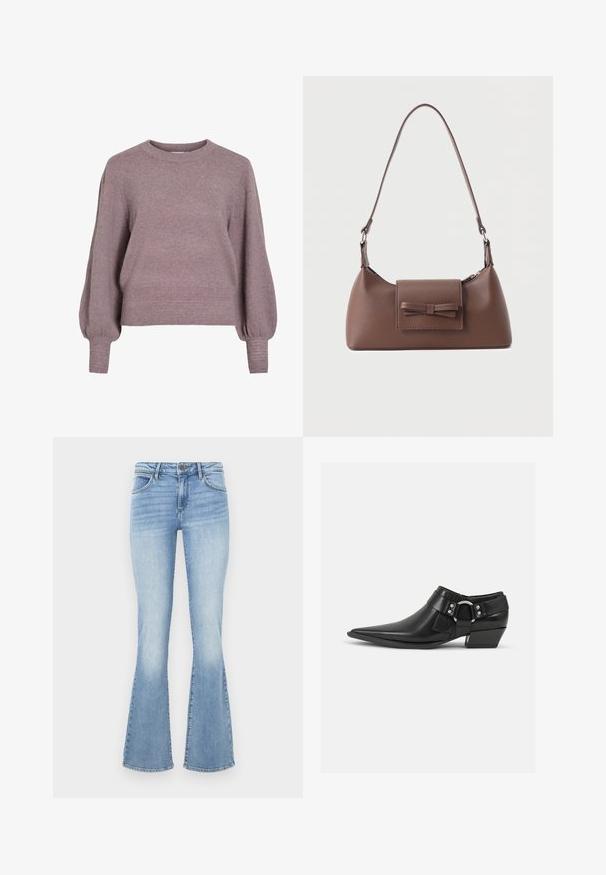 Gebreide pullover trui in zacht paars, met een ronde hals, lange ballonmouwen en een geribbelde zoom en manchetten voor een textuurafwerking.; Lichtblauwe flared jeans van denim. Beschikt over een traditionele vijf-pocketontwerp en een rits met een knoopsluiting. Vervaagde effecten op de dijen.; Zwarte leren enkellaarzen met een spitse neus, voorzien van een leren band aan de voorkant en een zilveren gesp detail, en een lage, blokhak.; Bruine leren schoudertas met een voorvak met klep en een gestikte strikdetail en een verstelbare band.