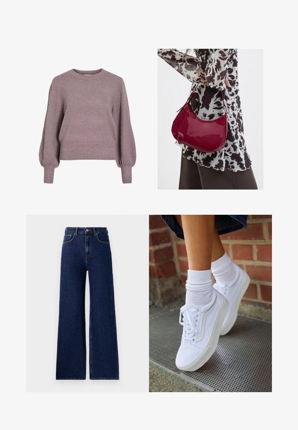Suéter de punto en suave color púrpura, con cuello redondo, mangas largas tipo globo y un dobladillo y puños acanalados para un acabado texturizado.; Red Bull Racing x Pepe Jeans Pernera ancha - blue denim; Zapatillas de lona blancas con suelas de goma, que presentan seis ojales, puntera redonda y detalles de costura ligera, combinadas con calcetines blancos hasta el tobillo.; Mujer con blusa de estampado en blanco y negro sosteniendo un bolso de hombro rojo brillante sobre un fondo liso.