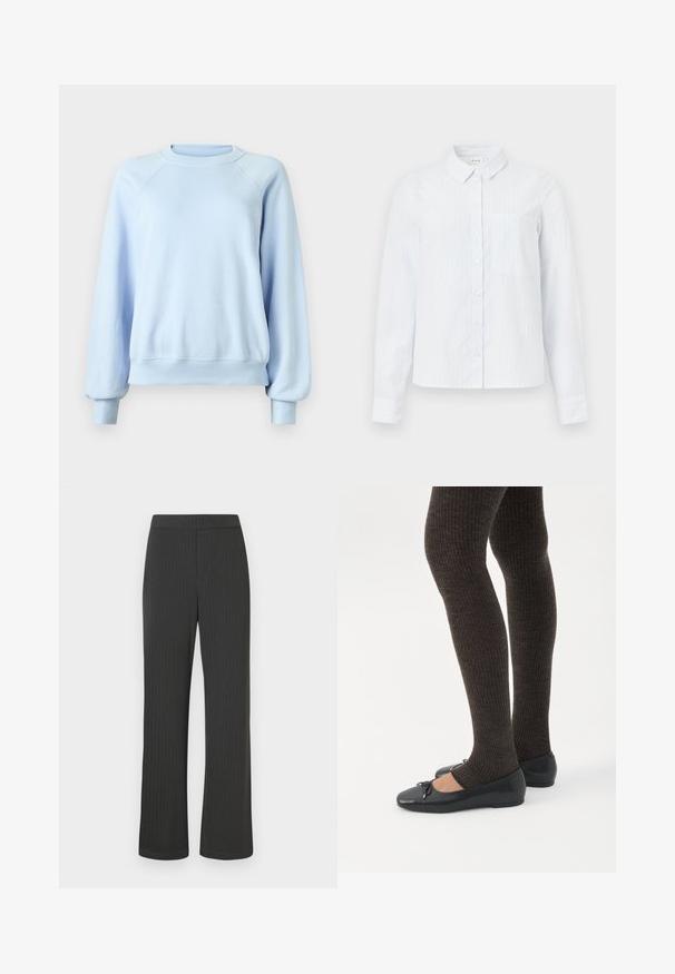 Sweatshirt à col rond à manches longues de couleur bleu clair avec des poignets et un ourlet côtelés, présenté sur un fond blanc uni.; Chemise boutonnée à manches longues de couleur bleu clair avec un col, des rayures verticales et une poche poitrine. Fabriquée en tissu doux.; Pantalon noir à rayures verticales avec un design à jambe droite, doté d'une taille élastique et d'un tissu lisse et texturé.; Jambes portant des leggings côtelés foncés associés à des ballerines noires avec de petits détails en nœud sur fond blanc.