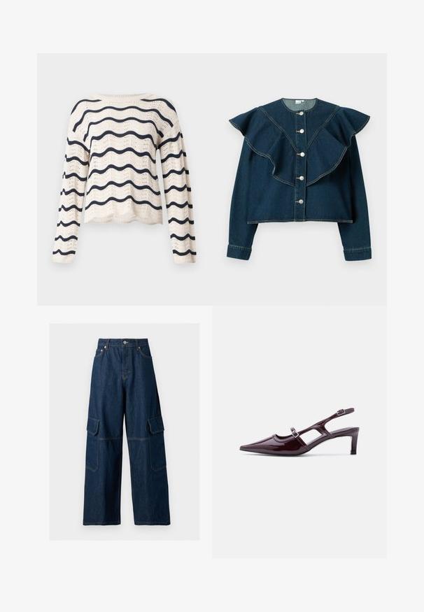 Pull en maille crème avec manches longues et rayures ondulées horizontales bleu marine sur le corps et les manches, encolure ronde et ourlet festonné.; Veste en denim bleu foncé avec empiècement volanté, encolure ronde, manches longues et boutons-pression argentés à l'avant.; Pantalon cargo en denim bleu foncé à jambes larges, bouton devant, fermeture éclair et poches à rabats sur les deux cuisses.; Chaussure slingback en cuir verni bordeaux avec bout pointu, talon bas et double bride à boucle réglable.