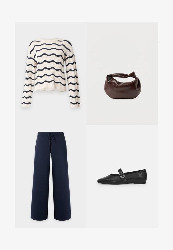 Pull en maille crème avec manches longues et rayures ondulées horizontales bleu marine sur le corps et les manches, encolure ronde et ourlet festonné.; Pantalon bleu marine à jambe large, taille élastique et cordon, vu de face sur fond uni clair.; Chaussure plate en cuir noir avec un bout arrondi, une seule sangle réglable à boucle et une texture lisse et brillante. Design minimaliste avec un petit talon.; Sac bandoulière en cuir marron foncé avec une forme souple et décontractée et une anse nouée torsadée sur un fond blanc uni.