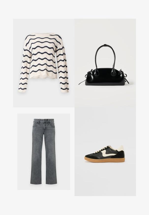 Pull en maille crème avec manches longues et rayures ondulées horizontales bleu marine sur le corps et les manches, encolure ronde et ourlet festonné.; Jeans en denim gris à jambe droite avec bouton frontal, fermeture éclair et cinq poches, présentés sur un fond blanc.; Baskets en daim et cuir noir avec un swoosh latéral crème et un talon crème clair. Dotées de lacets beige et d'une semelle en caoutchouc gomme.; Petit sac à main noir brillant avec deux longues anses et des détails à cordon sur les côtés sur un fond clair uni.