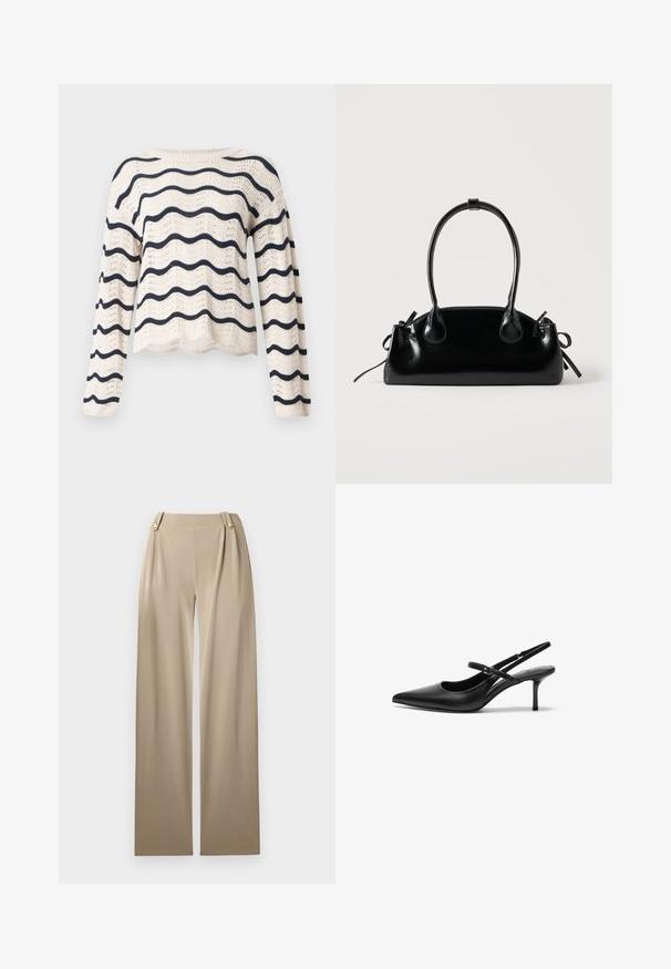 Pull en maille crème avec manches longues et rayures ondulées horizontales bleu marine sur le corps et les manches, encolure ronde et ourlet festonné.; Pantalons large en beige avec une texture lisse, présentant deux boutons décoratifs à la taille et des plis subtils pour plus de détails.; Talons aiguilles noires en cuir avec un bout pointu, une fine bride réglable, et un talon aiguille d'environ 5 cm, texture lisse.; Petit sac à main noir brillant avec deux longues anses et des détails à cordon sur les côtés sur un fond clair uni.