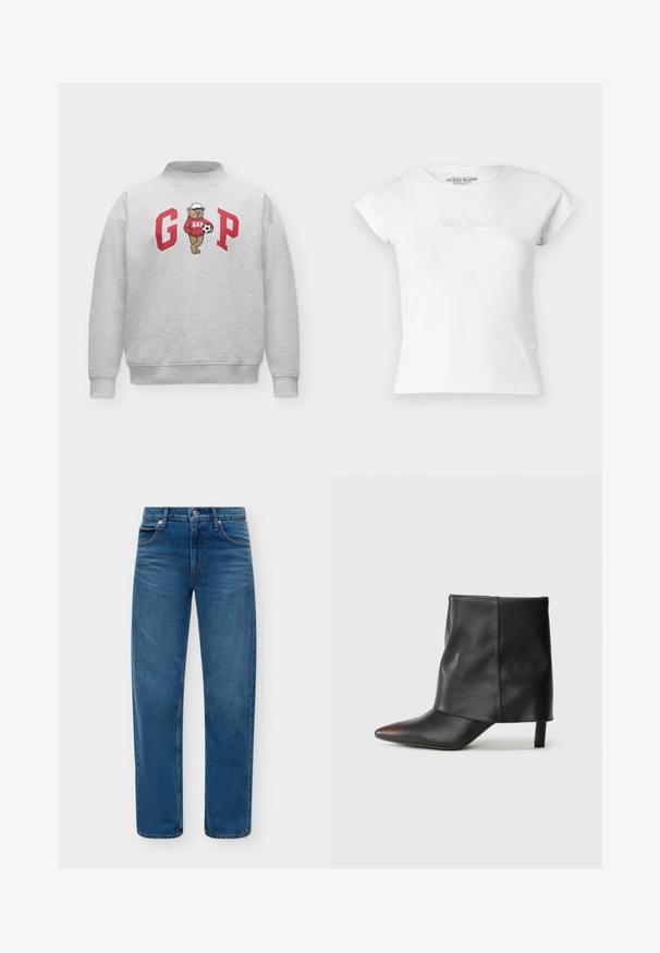 Sweat-shirt gris clair avec les lettres rouges G et P, représentant un ours portant un sweat à capuche rouge GAP et une casquette blanche tenant un ballon de football entre les lettres.; T-shirt en coton blanc à manches courtes, avec un motif étoile texturé et le logo "Guess Jeans" en relief discret sur le devant.; Jean denim bleu droit avec bouton et fermeture éclair à l'avant, style cinq poches sur un fond clair uni.; Bottine noire en cuir lisse avec un bout pointu et un talon effilé. La tige présente un design légèrement froncé.