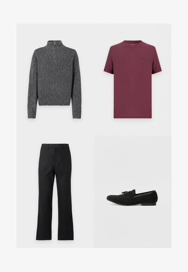 Pull en maille côtelée gris foncé avec manches longues et une courte fermeture éclair à l'avant sur un col montant.; T-shirt uni manches courtes col rond en bordeaux avec un petit emblème foncé sur la poitrine gauche de Pier One.; Pantalon noir droit avec passants pour ceinture, fermeture par boutons et poches avant, présenté sur un fond gris uni.; Mocassins en suede noir avec un bout pointu, une semelle plate et un détail de nœud décoratif à l'avant. Design simple et épuré avec une texture lisse.