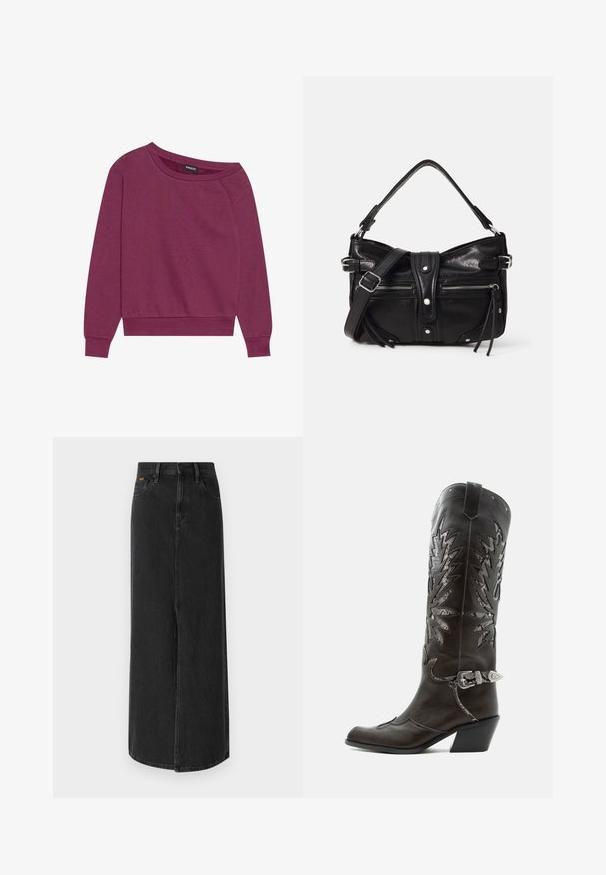 Magenta off-shoulder sweatshirt med lange ærmer, ribbede manchetter og kant. Fremstillet af blødt stof, med en afslappet pasform og glat tekstur.; Sort denim maxi-nederdel med lige skæring, fem lomme-design og en frontslids. Har knaplukning og diskrete syninger.; Sort læder cowboystøvle med dekorative udskæringer, sølvspænde og skrå hæl, vist på hvid baggrund.; Even&Odd H24462 - Håndtasker - black