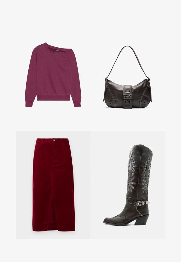 Magenta off-shoulder sweatshirt med lange ærmer, ribbede manchetter og kant. Fremstillet af blødt stof, med en afslappet pasform og glat tekstur.; Bordeaux kordfløjl nederdel med lige pasform, frontslids, bæltestropper og to lommer, med en frontknaplukning.; Sort læder cowboystøvle med dekorative udskæringer, sølvspænde og skrå hæl, vist på hvid baggrund.; Brun læder skuldertaske med en buet form, der har et fremtrædende spænde, kontrasterende syninger og en enkelt skulderrem.