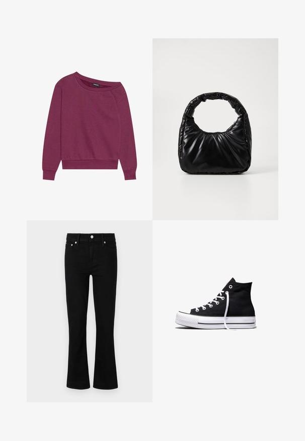 Magenta off-shoulder sweatshirt met lange mouwen, geribbelde manchetten en zoom. Gemaakt van zachte stof, met een ontspannen pasvorm en een gladde textuur.; Zwarte denim flared jeans met een nauwsluitende taille, vijf-pocket ontwerp en zilveren hardware accenten, met een gladde textuur en standaard lengte.; Zwarte hooggesloten canvas sneaker met witte rubberen zool en witte veters, zijwaarts weergegeven op een witte achtergrond.; Zwarte gevoerde handtas met een ronde handgreep, met een gladde, glanzende oppervlakte en een zachte, gewatteerde textuur. Geen zichtbare metalen onderdelen of accenten.