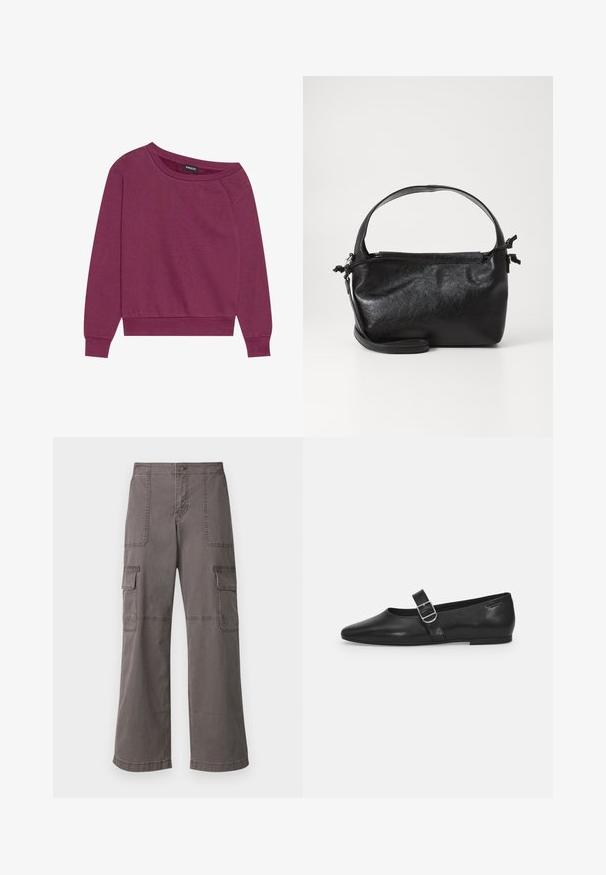 Ματζέντα φανελάκι off-shoulder με μακριά μανίκια, ribbed μανσέτες και στρίφωμα. Κατασκευασμένο από μαλακό ύφασμα, διαθέτει χαλαρή γραμμή και ομαλή υφή.; Γκρι cargo παντελόνι από βαμβάκι με φαρδιά γραμμή, που διαθέτει δύο μπροστινές τσέπες, δύο πλαϊνές τσέπες και εμφανή ραφές.; Μαύρο δερμάτινο φλατ παπούτσι με στρογγυλή μύτη, μία ρυθμιζόμενη αγκράφα και λεία, γυαλιστερή υφή. Μινιμαλιστικός σχεδιασμός με χαμηλό τακούνι.; Μαύρη δερμάτινη τσάντα με δομικό σχέδιο, στρογγυλή λαβή από πάνω και αποσπώμενο λουρί ώμου. Διαθέτει λεία υφή και διακριτική γυαλάδα.