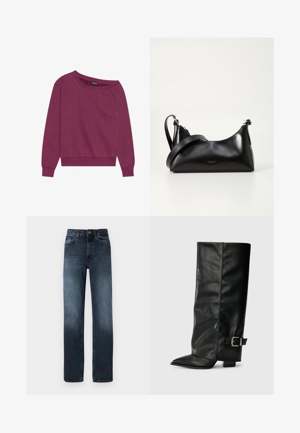 Magenta off-shoulder sweatshirt met lange mouwen, geribbelde manchetten en zoom. Gemaakt van zachte stof, met een ontspannen pasvorm en een gladde textuur.; Donkerblauwe spijkerbroek met een rechte pasvorm, vijf zakken en een knoopsluiting aan de voorkant. Kenmerkt vervagingsdetails bij de zoom.; Zwarte leren enkellange laarzen met een spitse neus, een gladde textuur en een zilveren gesps Accent aan de zijkant. Stevige vierkante hak.; Zwarte leren handtas met een gladde textuur. Beschikt over een verstelbare schouderband en een strak, minimalistisch ontwerp met een ritssluiting.