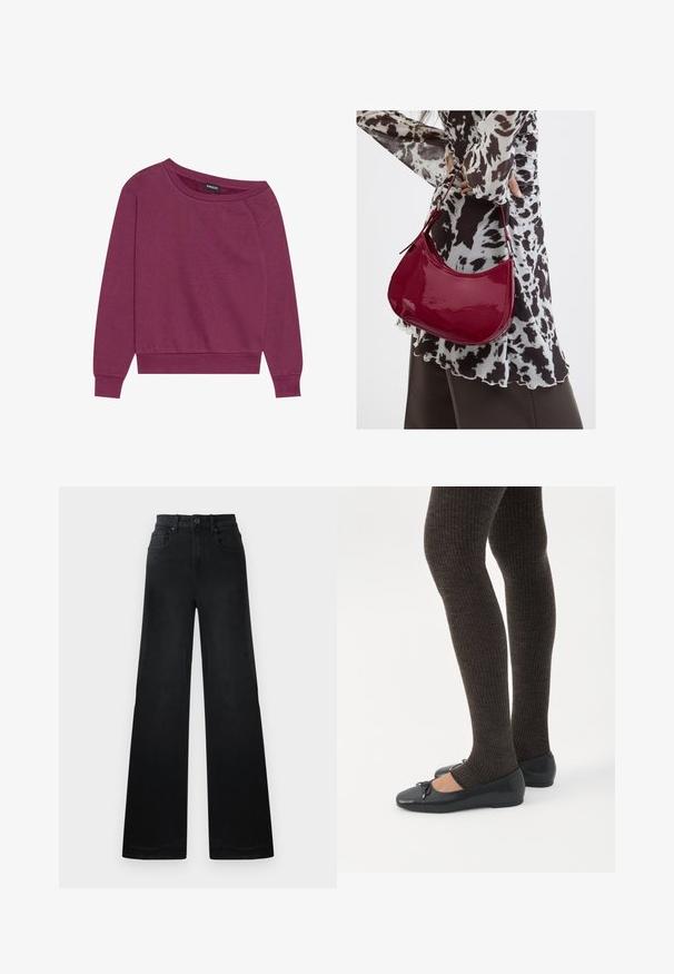 Magenta off-shoulder sweatshirt med lange ærmer, ribbede manchetter og kant. Fremstillet af blødt stof, med en afslappet pasform og glat tekstur.; Bredde bukser i sort denim med en tætsiddende talje, udstyret med bæltestropper, for- og baglommer samt en glat tekstur.; Ben iført mørke ribbede leggings kombineret med sorte balletsko med små sløjfedetaljer på hvid baggrund.; Kvinde iført en sort- og hvidmønstret bluse, der holder en blank rød skuldertaske mod en ensfarvet baggrund.