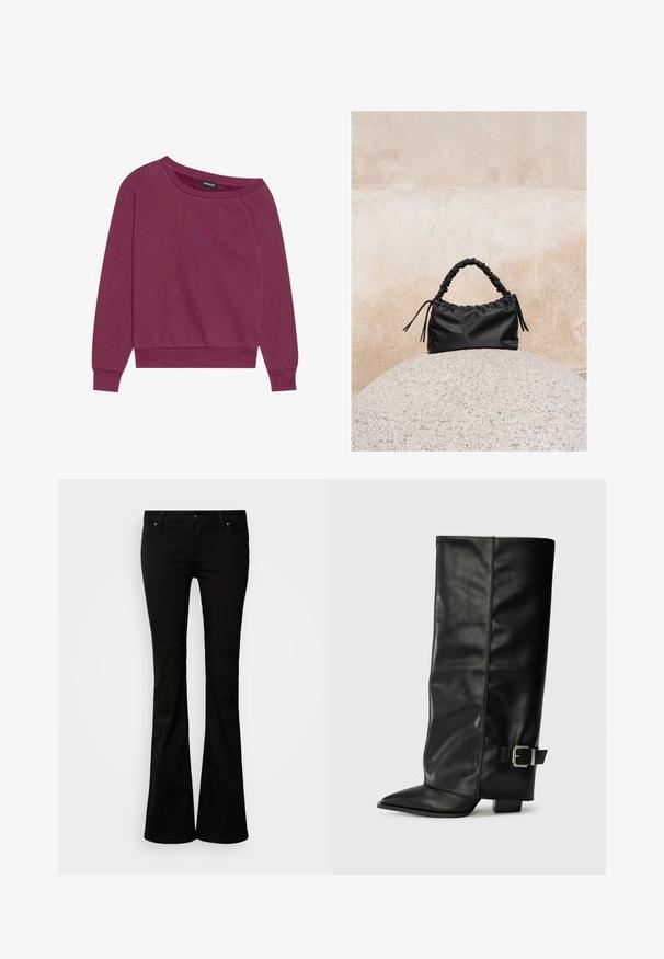Ματζέντα φανελάκι off-shoulder με μακριά μανίκια, ribbed μανσέτες και στρίφωμα. Κατασκευασμένο από μαλακό ύφασμα, διαθέτει χαλαρή γραμμή και ομαλή υφή.; Γυναικείες παντελόνες bootcut σε μαύρο χρώμα, με κούμπωμα κουμπιού και φερμουάρ, θηλιές για ζώνη και τσέπες μπροστά και πίσω, απεικονιζόμενες σε λευκό φόντο.; Μαύρες δερμάτινες μποτές μέχρι τον αστράγαλο με τετραγωνισμένο ρυθμό, λεία υφή και ασημένια αγκράφα στο πλάι. Χοντρό τετράγωνο τακούνι.; Μαύρη τσάντα με πιέτες και συγκεντρωμένη χειρολαβή, τοποθετημένη πάνω σε υφή σφαιρικής πέτρας μπροστά από μια μπεζ τσιμεντένια επιφάνεια.