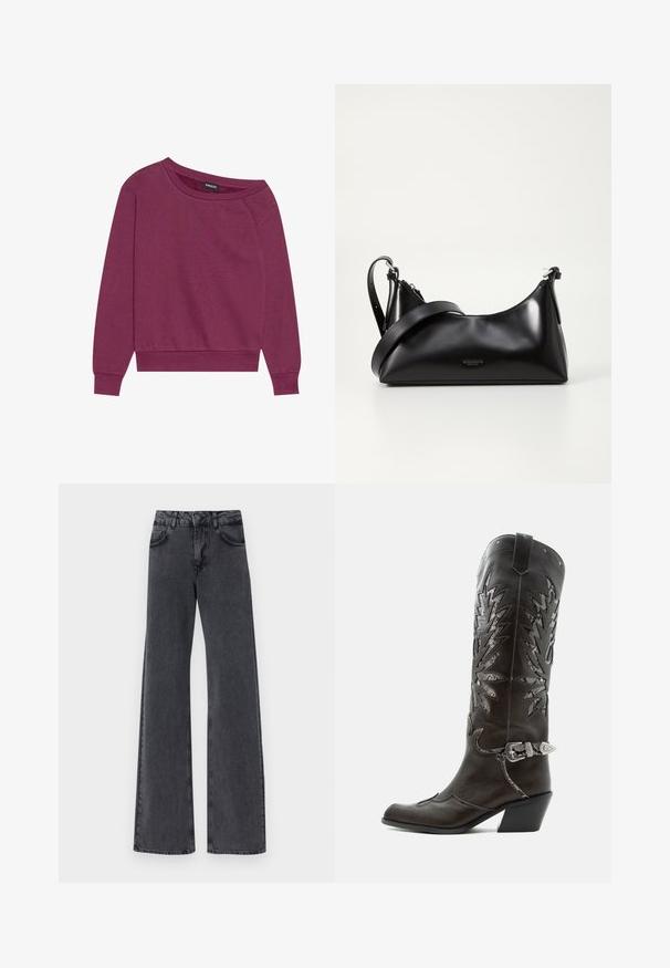 Magenta off-shoulder sweatshirt med lange ærmer, ribbede manchetter og kant. Fremstillet af blødt stof, med en afslappet pasform og glat tekstur.; Sorte denim flared jeans med høj talje, der har to forlommer og subtile syninger langs sømmene.; Sort læder cowboystøvle med dekorative udskæringer, sølvspænde og skrå hæl, vist på hvid baggrund.; Sort læderhåndtaske med en glat tekstur. Har en justerbar stropp og et enkelt, minimalistisk design med lynlås.