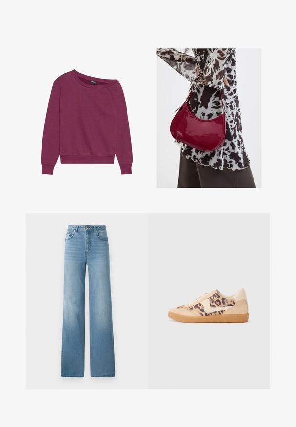 Magenta off-shoulder sweatshirt med lange ærmer, ribbede manchetter og kant. Fremstillet af blødt stof, med en afslappet pasform og glat tekstur.; Lyseblå højtaljede jeans med lige ben. Fremstillet af denim, med fem lommer og knaplukning.; Leopardprint sneakers med beige ruskindsoverdel, tan gummisål og hvide detaljer. Rund pegefinger og snørebåndsdesign med en tekstureret finish.; Kvinde iført en sort- og hvidmønstret bluse, der holder en blank rød skuldertaske mod en ensfarvet baggrund.