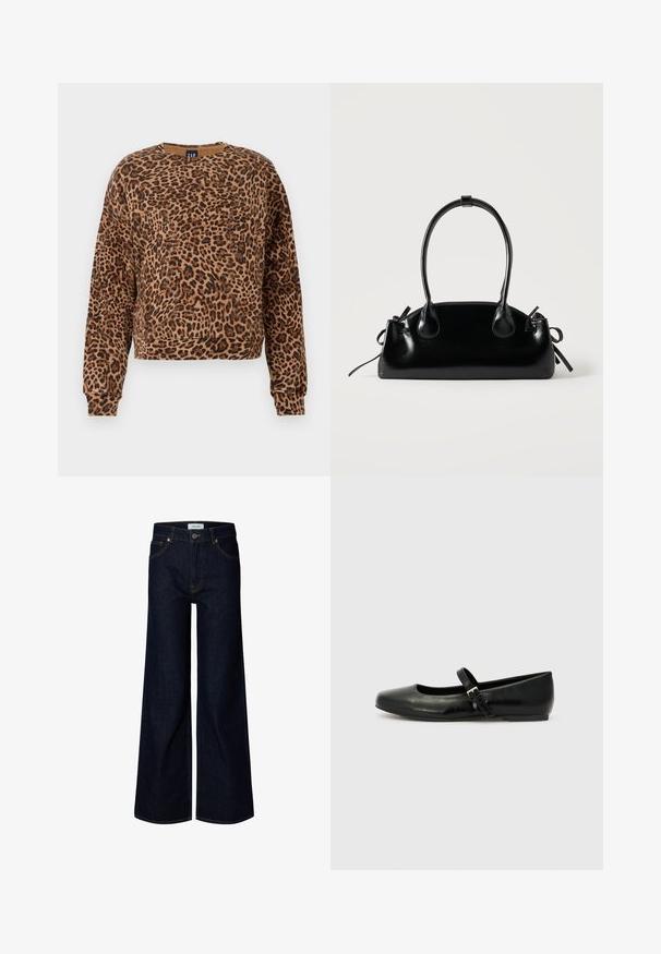 Sweatshirt mit Leopardenmuster in Brauntönen und Schwarz. Hergestellt aus weichem Material, verfügt über einen runden Ausschnitt und lange Ärmel mit gerippten Bündchen.; Dunkelblaue Denim-Jeans mit weitem Bein, vorne mit Knopf und Reißverschluss, Gürtelschlaufen und vorderen Taschen, auf weißem Hintergrund dargestellt.; Schwarze Leder-Ballerinas mit einer runden Spitze, einer flachen Sohle und einem dünnen, verstellbaren Riemen über dem Spann mit einer Metallschnalle.; Kleine schwarze glänzende Handtasche mit zwei langen Griffen und seitlichen Kordelzug-Details vor einfachem hellem Hintergrund.