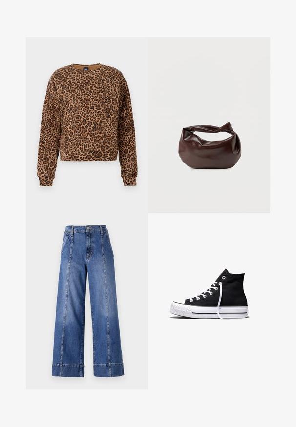 Sweatshirt mit Leopardenmuster in Brauntönen und Schwarz. Hergestellt aus weichem Material, verfügt über einen runden Ausschnitt und lange Ärmel mit gerippten Bündchen.; Weite blaue Jeans mit hohem Bund, ausgestattet mit einem Knopfverschluss, Fronttaschen und sichtbaren Nähten entlang der Seitennähte.; Schwarzer High-Top-Canvas-Sneaker mit weißer Gummisohle und weißen Schnürsenkeln, seitlich dargestellt vor weißem Hintergrund.; Dunkelbraune Lederschultertasche mit weicher, lockerer Form und einem gedrehten Knotengriff vor schlichtem weißem Hintergrund.