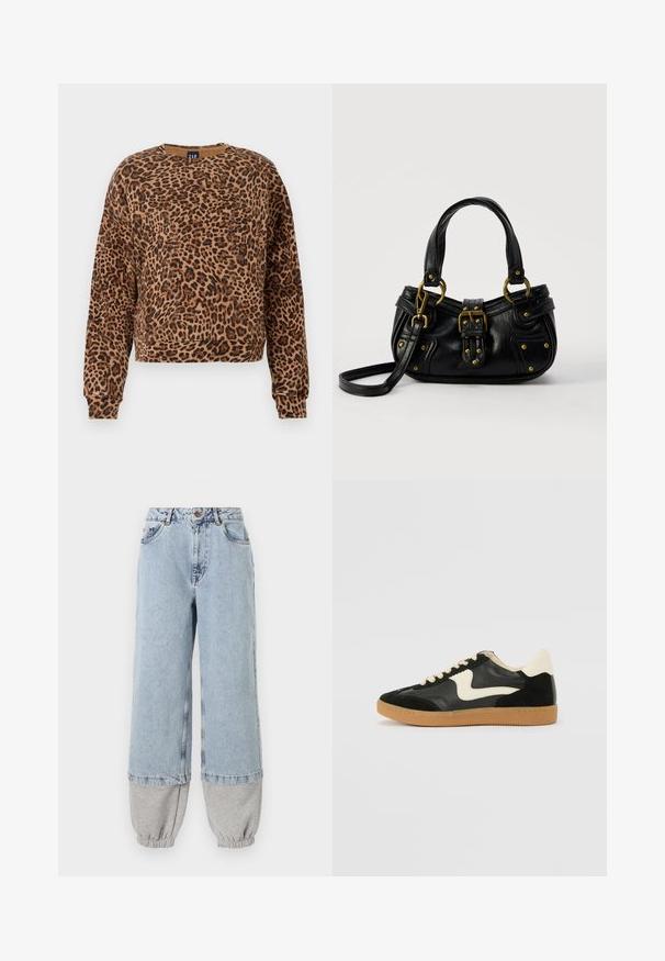 Sweatshirt med leopardmønster i nuancer af brunt og sort. Fremstillet af blødt stof, har rund halsudskæring og lange ærmer med ribbede manchetter.; Lyseblå denimbukser med en løs pasform, der har grå bomuldsmanchetter nederst og standardlommer. Klassisk fem-lommers design.; Sorte ruskinds- og lædersneakers med en cremefarvet side-swoosh og lys cremefarvet hæl. Har beige snørebånd og en gummirubber-sål.; Sort læderhåndtaske med guldbælge og nitdetaljer, korte håndtag og en justerbar skulderrem på en ensfarvet hvid baggrund.