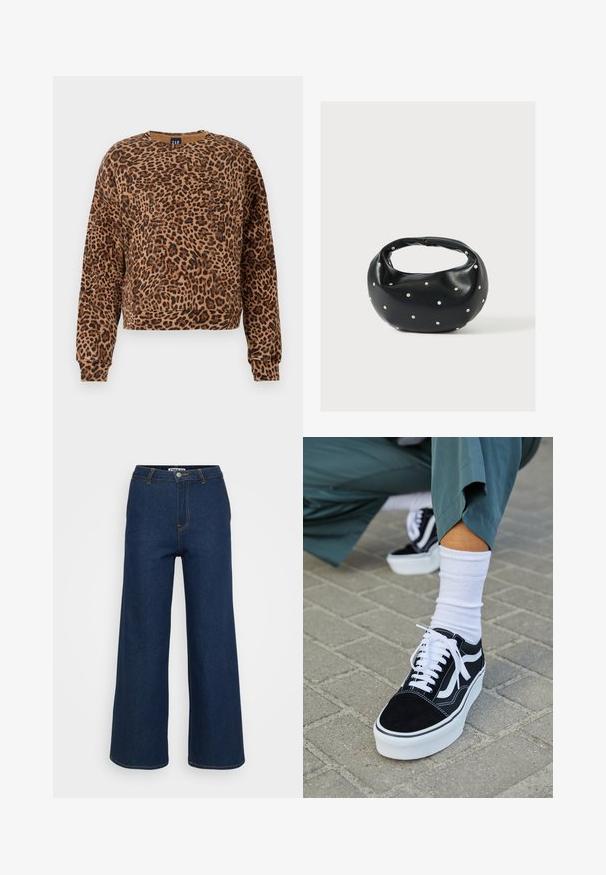 Sweatshirt mit Leopardenmuster in Brauntönen und Schwarz. Hergestellt aus weichem Material, verfügt über einen runden Ausschnitt und lange Ärmel mit gerippten Bündchen.; Weite Jeanshose in Dunkelblau mit kontrastierenden gelben Nähten, hoher Taille und Knopfverschluss. Glatte Textur und klassisches Design.; Schwarze Wildledersneaker mit weißen Akzenten und Schnürsenkeln, ausgestattet mit einer dicken weißen Sohle und kontrastierenden Nähten, kombiniert mit einer weißen Socke.; Schwarze Lederhandtasche mit abgerundeter Form, verziert mit silbernen Nietenakzenten und kurzem Griff. Glatte Struktur und Reißverschlussverschluss.