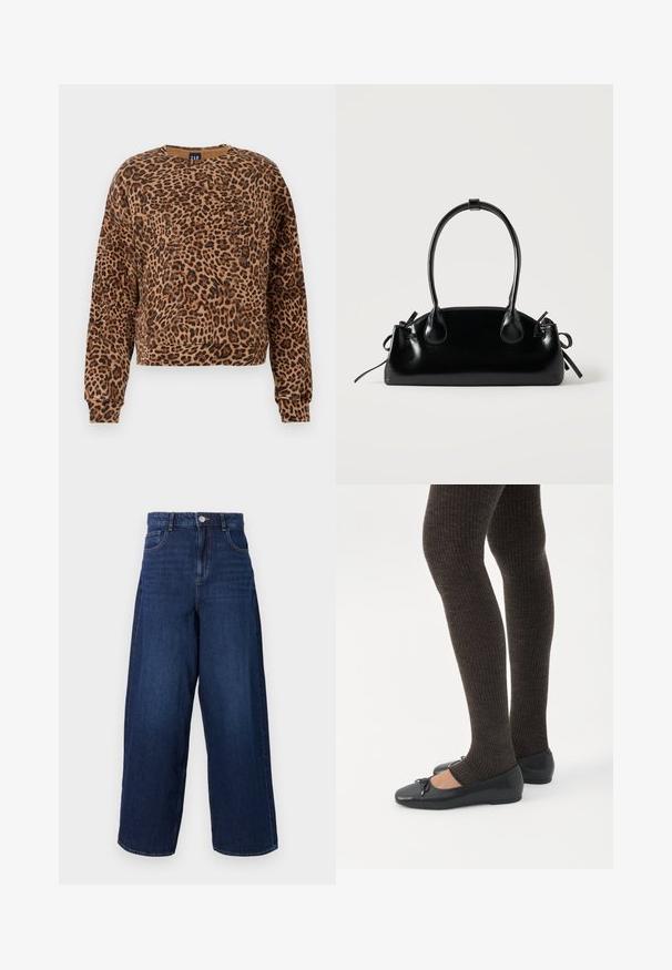 Sweater met luipaardprint in bruin- en zwarttinten. Gemaakt van een zachte stof, met een ronde halslijn en lange mouwen met geribbelde manchetten.; Wijdvallende donkerblauwe denim jeans met een hoge taille, vijf zakken en een knoopsluiting. De stof heeft een gladde textuur met subtiele vervaging.; Benen met donkere geribbelde leggings gecombineerd met zwarte ballerina's met kleine strikdetails op een witte achtergrond.; Kleine zwarte glanzende handtas met twee lange hengsels en zijkant trekkoord details op een effen lichte achtergrond.