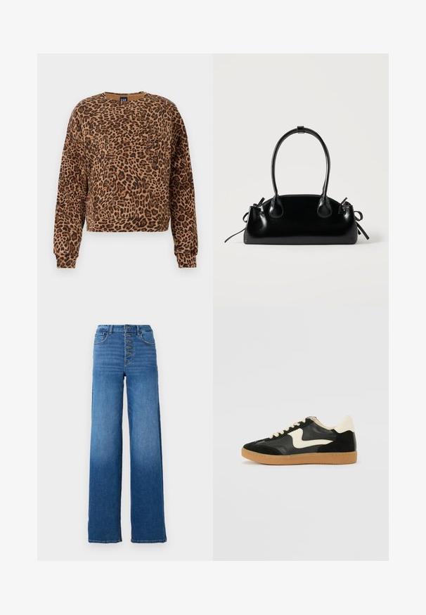 Sweater met luipaardprint in bruin- en zwarttinten. Gemaakt van een zachte stof, met een ronde halslijn en lange mouwen met geribbelde manchetten.; Brede blauwe denim jeans met een hoge taille en vijf knopen. Kenmerkt zich door klassieke stiksels en een nette zoom.; Zwarte suède en leren sneaker met een crèmekleurige zij-swoosh en lichte crèmekleurige hiel. Voorzien van beige veters en een gumrubberen zool.; Kleine zwarte glanzende handtas met twee lange hengsels en zijkant trekkoord details op een effen lichte achtergrond.