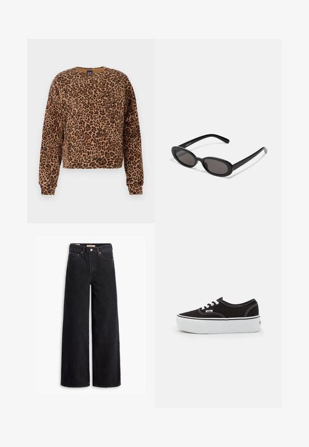 Sweatshirt mit Leopardenmuster in Brauntönen und Schwarz. Hergestellt aus weichem Material, verfügt über einen runden Ausschnitt und lange Ärmel mit gerippten Bündchen.; Schwarze weite Jeans aus Denim mit fünf Taschen, Kupferrivets und einem klassischen Knopfverschluss. Glatte Textur mit einem klaren Design.; Schwarze Leinensneaker mit einer weißen Gummiplattformsohle, weißen Schnürsenkeln und Nähten, ikonischer Markenaufdruck an der Seite, im Low-Top-Design.; Even&Odd by Zalando Sonnenbrille - black