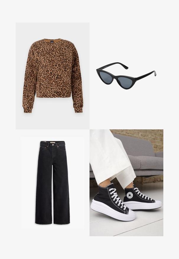 Sweatshirt med leopardmønster i nuancer af brunt og sort. Fremstillet af blødt stof, har rund halsudskæring og lange ærmer med ribbede manchetter.; Sorte brede benjeans lavet af denim, med fem lommer, kobbernitter og en klassisk knaplukning. Glat tekstur med et rent design.; Sorte sneakers med højt skaft, hvide gummisåler og snørebånd. Har en rund logo-patch og kontrasterende hvide syninger. Fremstillet af lærredsmateriale.; Sorte katteøje solbriller med mørkegrå linser, slankt plastisk stel, spidse hjørner og lige stænger. Ingen synlig hardware eller dekorationer.