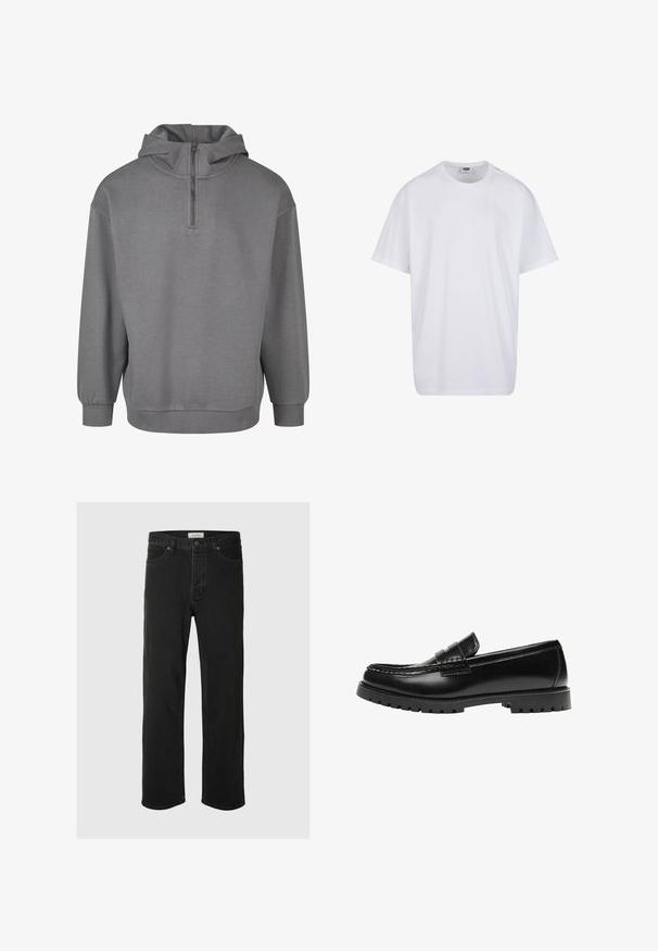Grå hættetrøje med halvlukning foran, lange ærmer, ribbede manchetter og et blødt, tekstureret stof. Simpelt design uden mønstre.; Hvid, kortærmet bomulds-T-shirt med rund hals og synligt størrelses- og mærkelabel inde i kraven.; Sorte denim straight-leg jeans har et klassisk fem-lomme design med knaplukning, minimal syning og en blød tekstur.; Sort læderloafer med en kraftig gummisål og klassiske penny-strap detaljer, vist fra ydersiden.