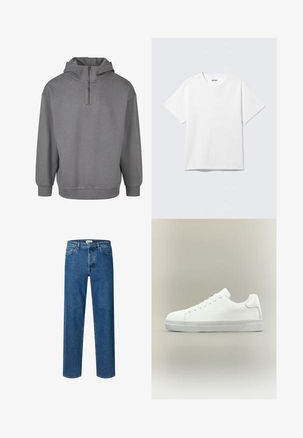 Grå hættetrøje med halvlukning foran, lange ærmer, ribbede manchetter og et blødt, tekstureret stof. Simpelt design uden mønstre.; Hvid kortærmet crewneck T-shirt lagt fladt ud, ensfarvet design, med "WEEKDAY" mærkat inde i kraven på en lys baggrund.; Blå straight-leg denim jeans med knap- og lynlåslukning, bæltestropper og fem-lomme-design.; Hvid lavtop sneaker med snørelukning foran, polstret krave og tekstureret gummisål, vist i sidelayout på neutral baggrund.
