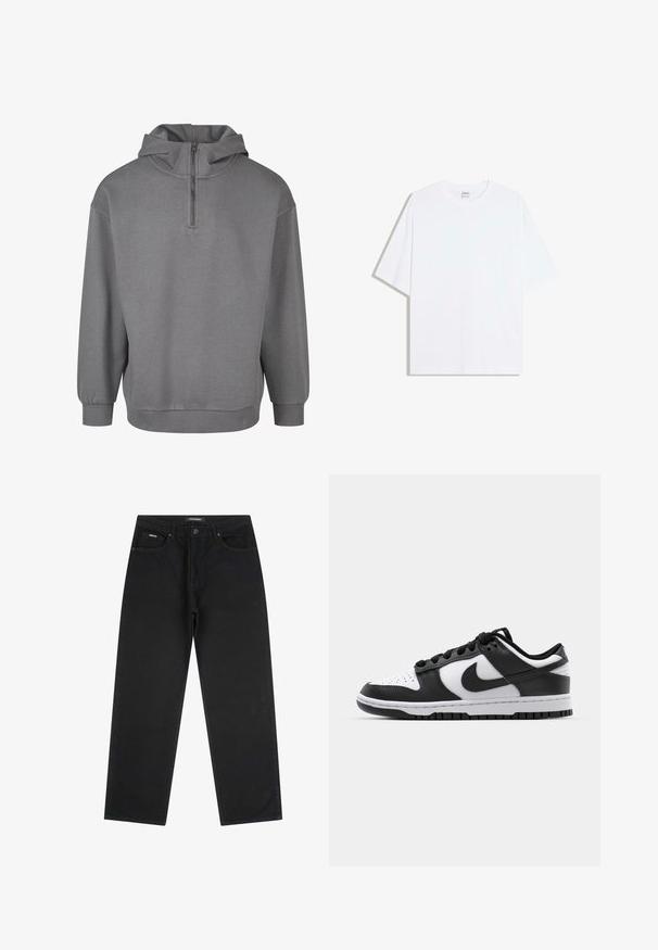 Grå hættetrøje med halvlukning foran, lange ærmer, ribbede manchetter og et blødt, tekstureret stof. Simpelt design uden mønstre.; Hvid oversized bomulds t-shirt med rund hals og korte ærmer; glat tekstur, uden synlige mønstre eller accenter.; Sorte jeans med lige ben, fem lommer, knaplukning og bæltestropper, størrelse 32.; Sort og hvid Nike Dunk sneakers med læderoverdel, perforeret tå, sorte snørebånd og en sort gummisål med slidbanedesign.