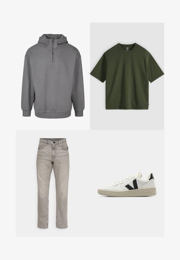 Sweat-shirt à capuche gris avec une fermeture éclair demi-longueur à l'avant, manches longues, poignets côtelés et un tissu doux et texturé. Design simple sans motifs.; T-shirt uni vert foncé manches courtes avec col rond, avec une petite étiquette rouge sur la couture latérale gauche, présenté sur un fond clair.; Jeans en denim gris avec un design à jambe droite, comportant cinq poches, une fermeture à bouton et une légère décoloration pour la texture.; Baskets en cuir blanc avec logo V noir, nez perforé, semelle en caoutchouc crème, fermeture à lacets plates et design minimaliste.