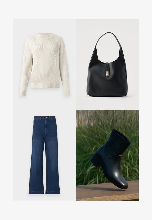 Pull en tricot crème avec un motif en losanges texturé, col rond, poignets et ourlet côtelés. Matière douce et coupe décontractée.; Jean en denim bleu à jambes larges avec une taille haute, présentant une fermeture à bouton à l'avant, cinq poches et des détails de coutures subtils.; Bottine en cuir noir avec un bout arrondi et un talon modeste. Présente des coutures verticales sur le côté, une texture lisse et une silhouette élégante.; Sac hobo en cuir noir à finition texturée, doté d'un fermoir doré et d'une anse incurvée unique pour un port à l'épaule.