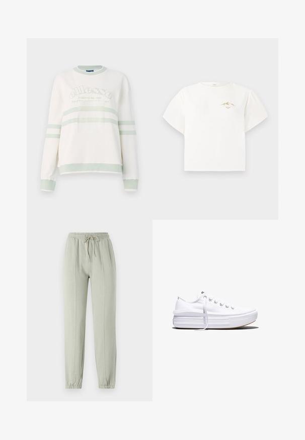 Sweatshirt blanc à côtes avec des accents vert clair. Il possède un col rond, des manches longues et un logo centré avec des rayures horizontales.; T-shirt blanc à manches courtes en coton, doté d'un petit motif de montagne dorée sur la poitrine et d'une coupe ample et carrée.; Pantalons de survêtement vert clair avec une taille élastique, un cordon de serrage ajustable et des poignets fuselés. Comprend des détails de couture verticaux sur le devant.; Baskets basses blanches en toile avec semelle plateforme épaisse, lacets sur le devant et embout en caoutchouc texturé, vues de profil.
